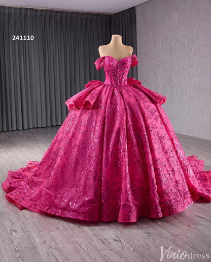 Fuchsia Sequin Lace Ball Gown Wedding Dresses Quinceanera Dress with Bow 241110-Quinceanera Dresses 2025 -Viniodress-Fuchsia-Custom Size-