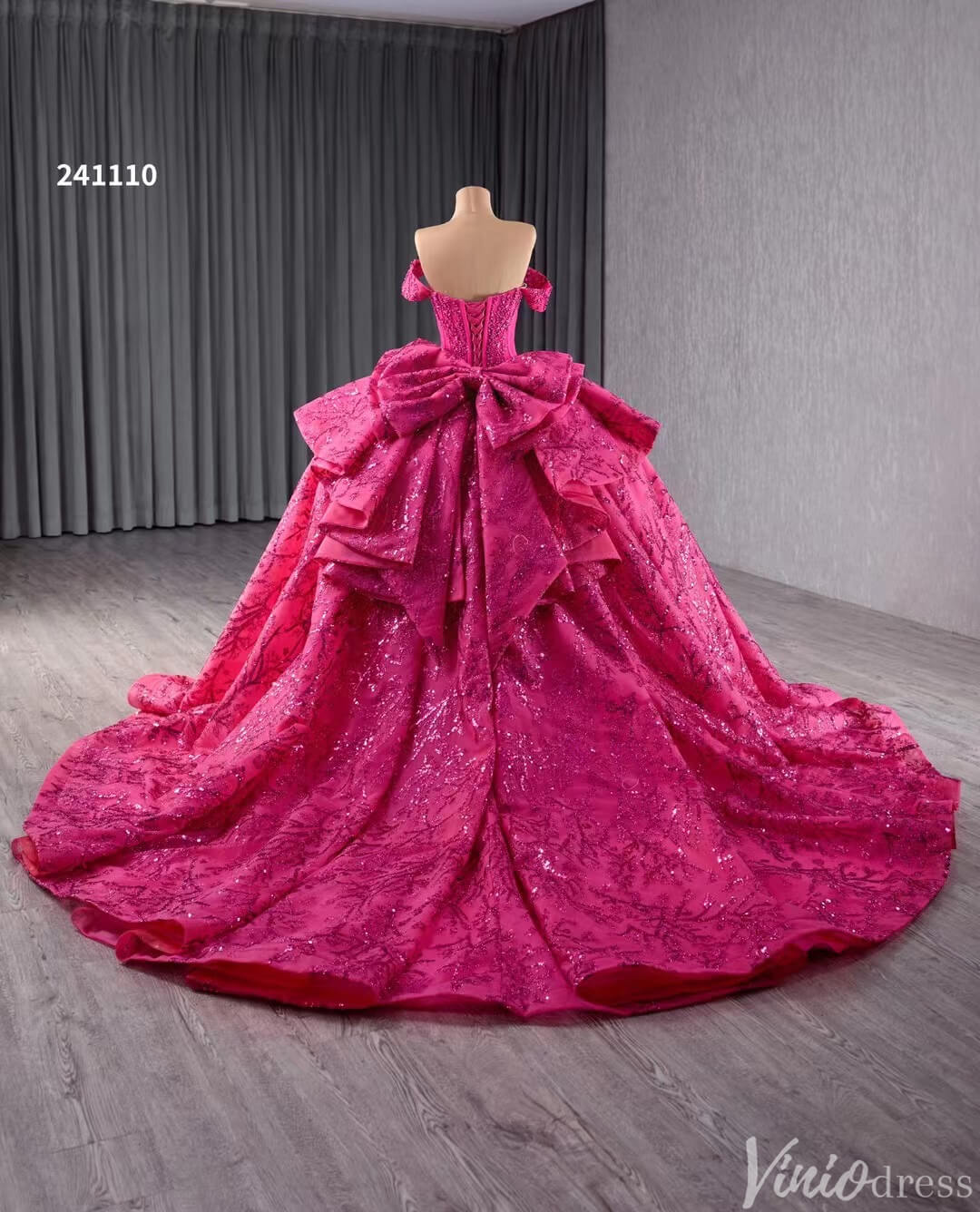 Fuchsia Sequin Lace Ball Gown Wedding Dresses Quinceanera Dress with Bow 241110-Quinceanera Dresses-Viniodress-Viniodress