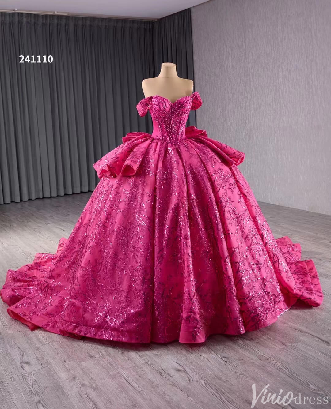 Fuchsia Sequin Lace Ball Gown Wedding Dresses Quinceanera Dress with Bow 241110 - ViniodressQuinceanera DressesFuchsiaCustom Size - Formal Dresses - Ball Gowns