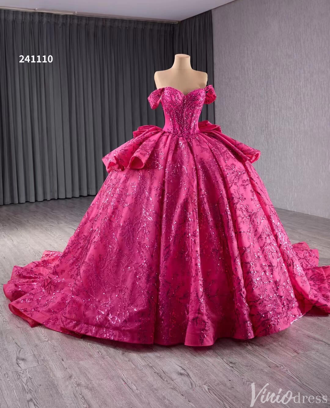 Fuchsia Sequin Lace Ball Gown Wedding Dresses Quinceanera Dress with Bow 241110-Quinceanera Dresses-Viniodress-Viniodress