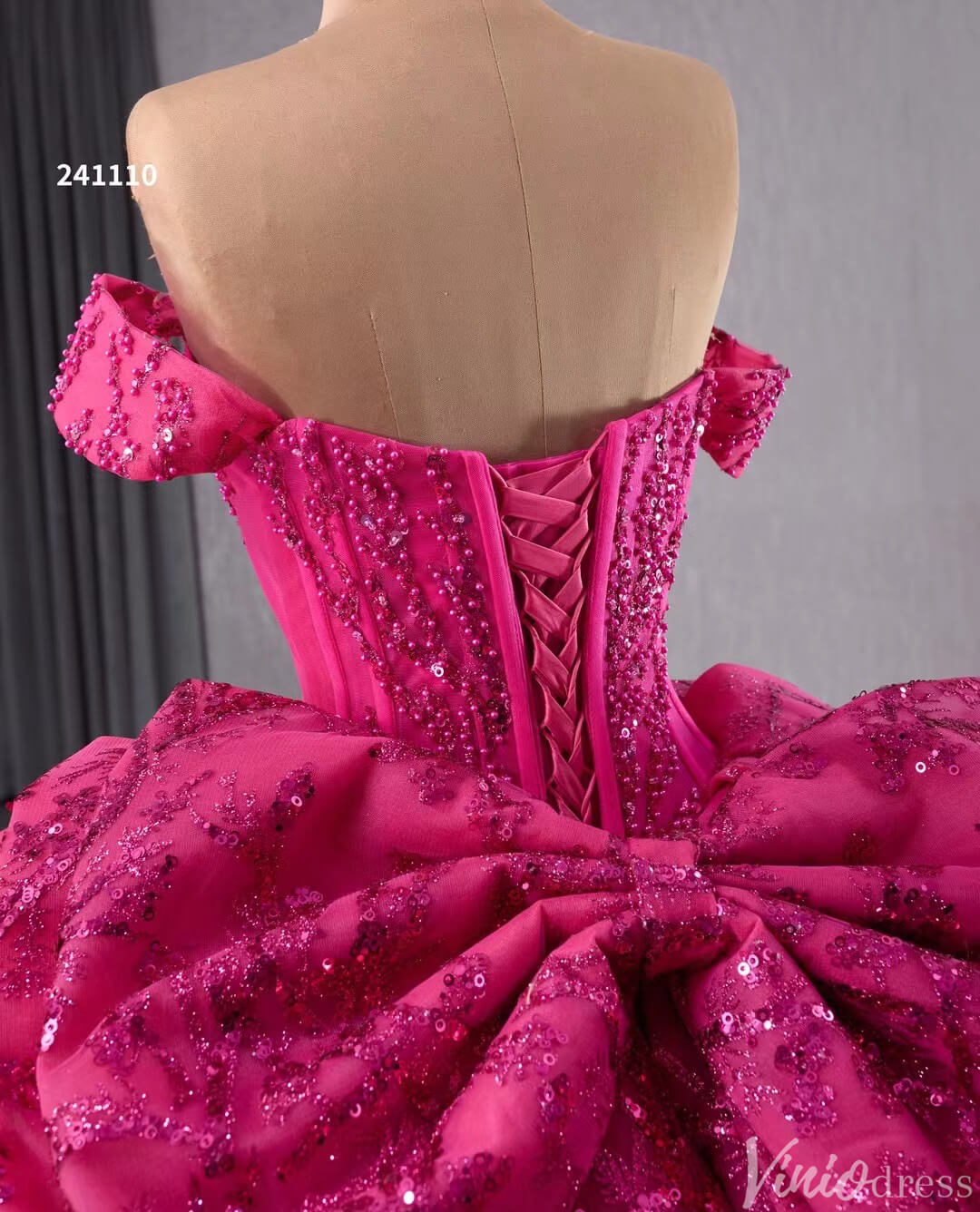 Fuchsia Sequin Lace Ball Gown Wedding Dresses Quinceanera Dress with Bow 241110-Quinceanera Dresses-Viniodress-Viniodress