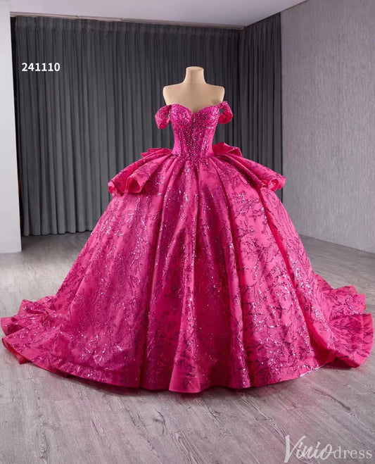 Fuchsia Sequin Lace Ball Gown Wedding Dresses Quinceanera Dress with Bow 241110 - ViniodressQuinceanera DressesFuchsiaCustom Size - Formal Dresses - Ball Gowns