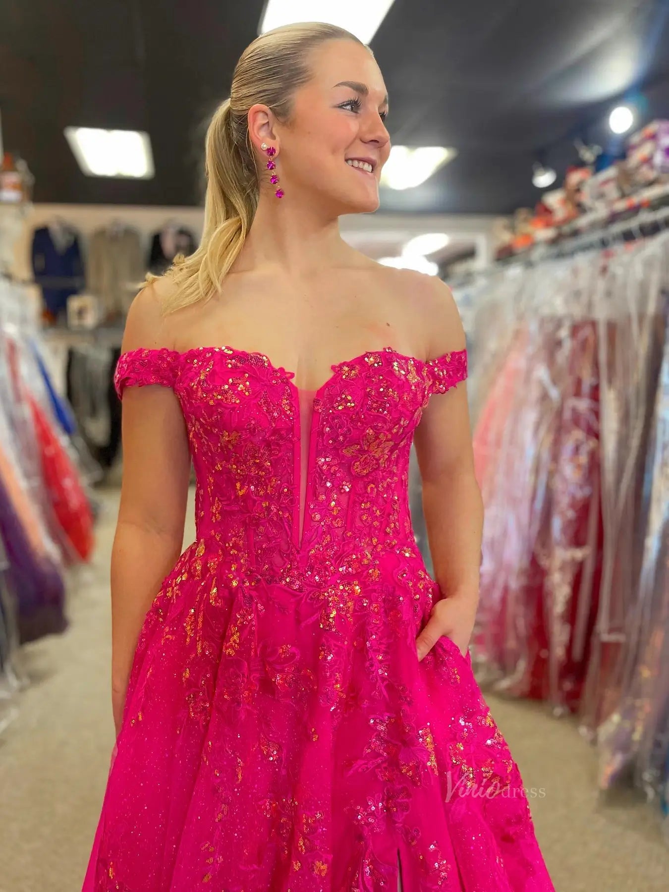 Fuchsia Sparkly Lace Off the Shoulder Prom Dresses with Slit & Pockets - FD4087-prom dresses 2025 -Viniodress-Fuchsia-Custom Size-