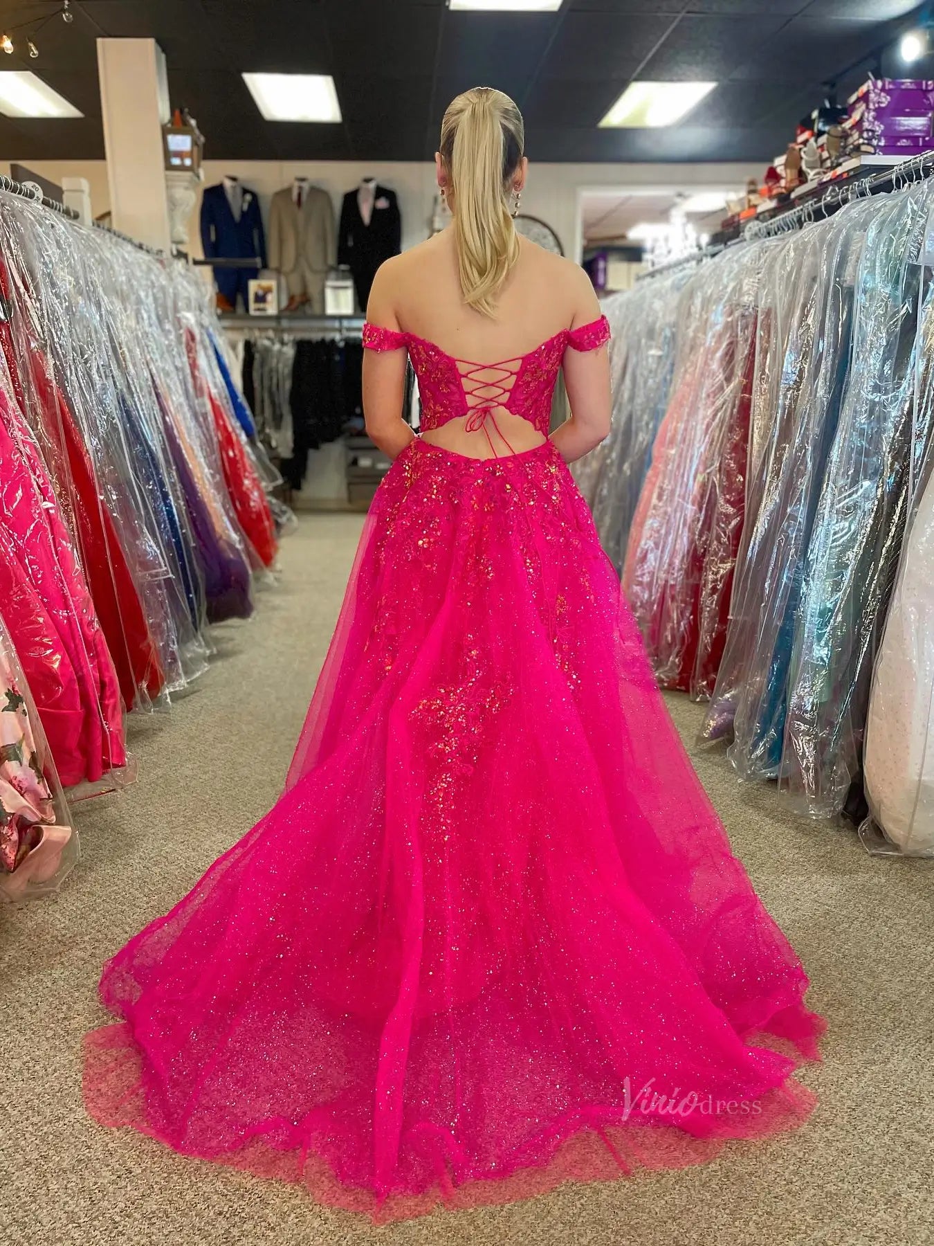 prom dresses 2025 Fuchsia Sparkly Lace Off the Shoulder Prom Dresses with Slit & Pockets - FD4087-plus size wedding dresses Viniodress-Fuchsia-Custom Size-