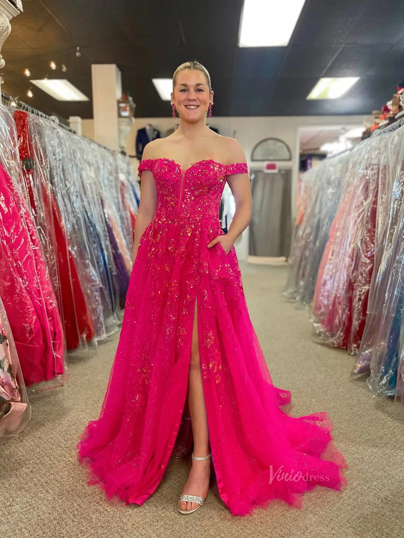 prom dresses 2025 Fuchsia Sparkly Lace Off the Shoulder Prom Dresses with Slit & Pockets - FD4087-plus size wedding dresses Viniodress-Fuchsia-Custom Size-