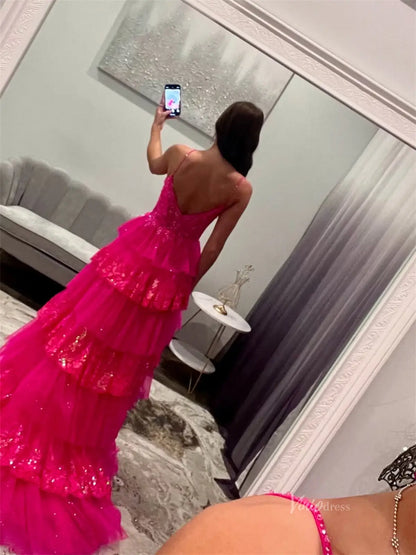 Fuchsia Sparkly Lace Tiered Prom Dresses with Slit & Spaghetti Strap - FD3745-prom dresses 2025 -Viniodress-Fuchsia-Custom Size-