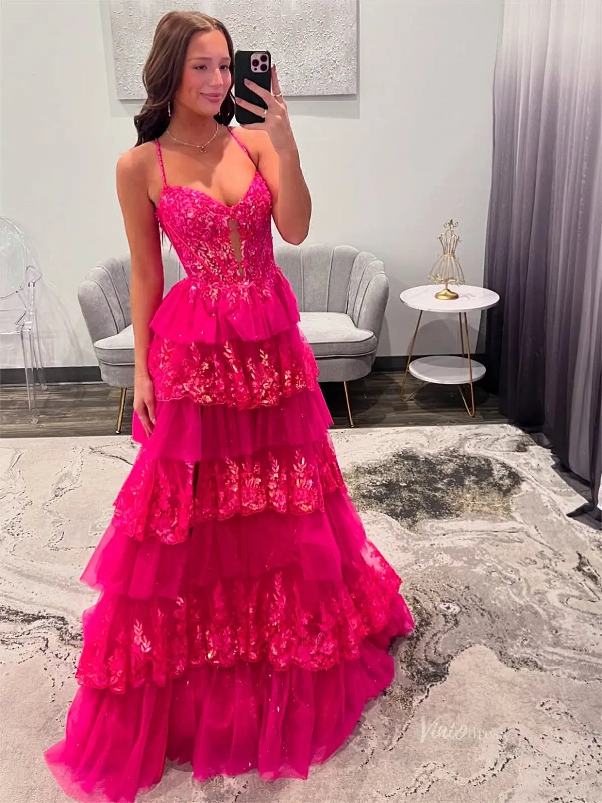 prom dresses 2025 Fuchsia Sparkly Lace Tiered Prom Dresses with Slit & Spaghetti Strap - FD3745-plus size wedding dresses Viniodress-Fuchsia-Custom Size-