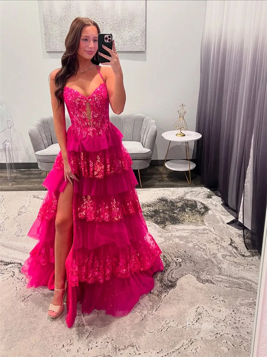 prom dresses 2025 Fuchsia Sparkly Lace Tiered Prom Dresses with Slit & Spaghetti Strap - FD3745-plus size wedding dresses Viniodress-Fuchsia-Custom Size-