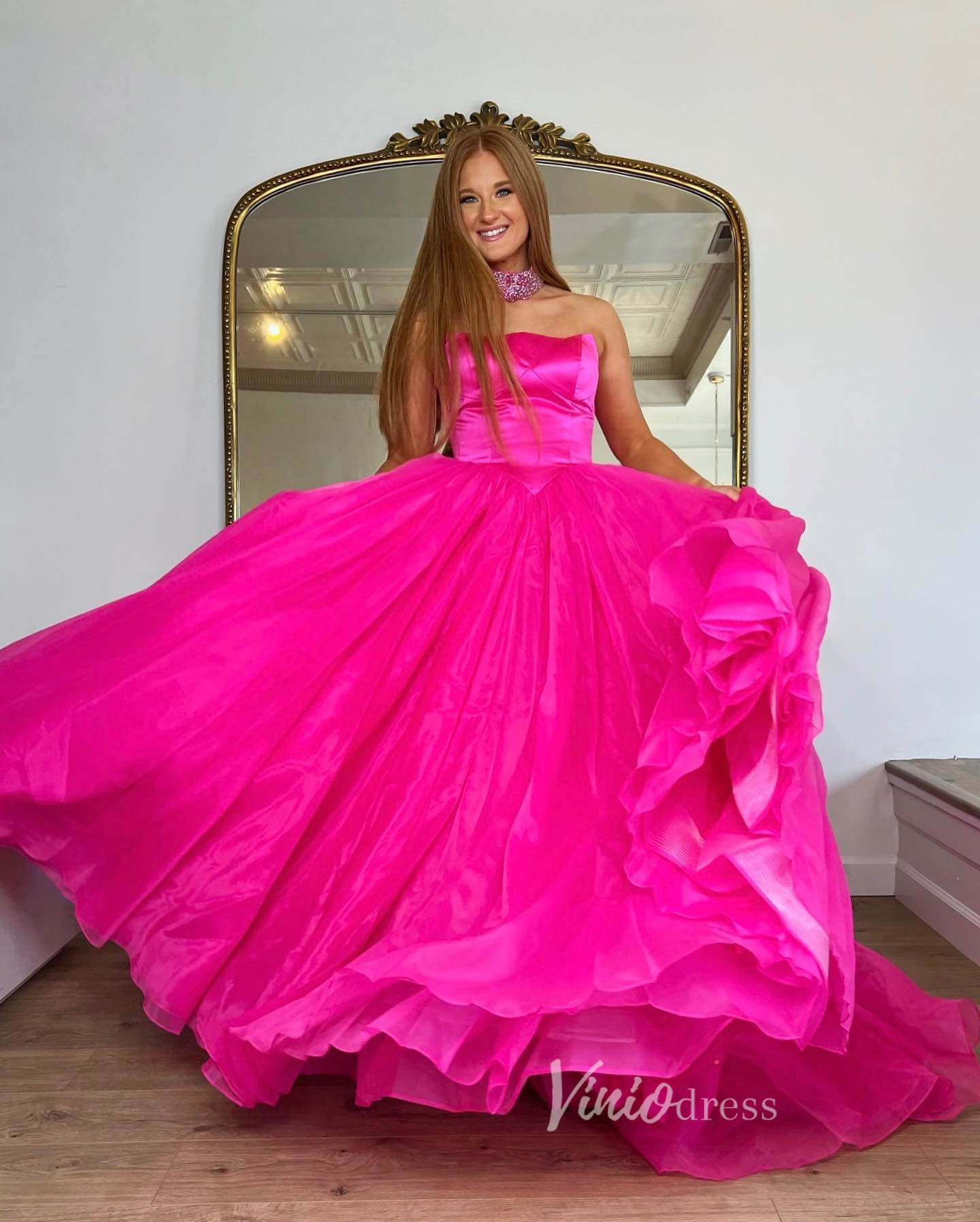 Fuchsia Strapless Prom Dresses Shiny Tulle Formal Gown FD3609-prom dresses 2025 -Viniodress-Fuchsia-Custom Size-
