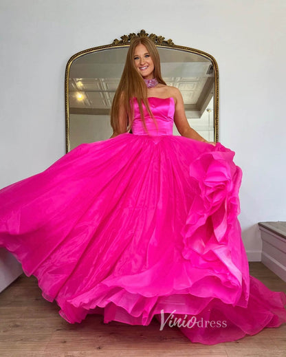 Fuchsia Strapless Prom Dresses Shiny Tulle Formal Gown FD3609-prom dresses 2025 -Viniodress-Fuchsia-Custom Size-