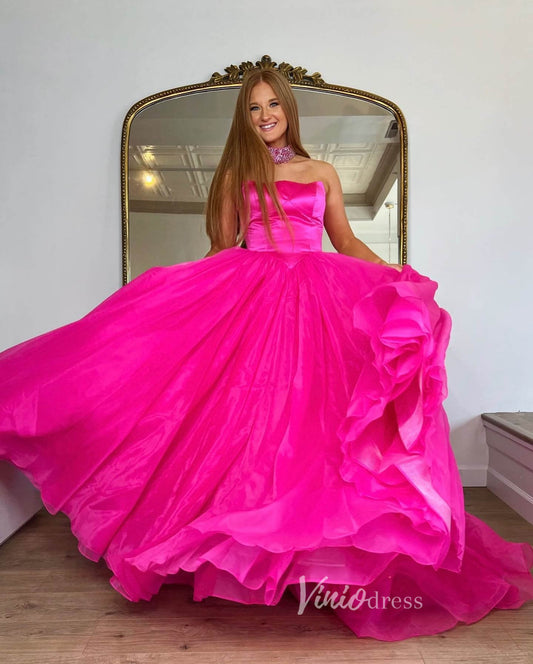 Fuchsia Strapless Prom Dresses Shiny Tulle Formal Gown FD3609-prom dresses 2025 -Viniodress-Fuchsia-Custom Size-