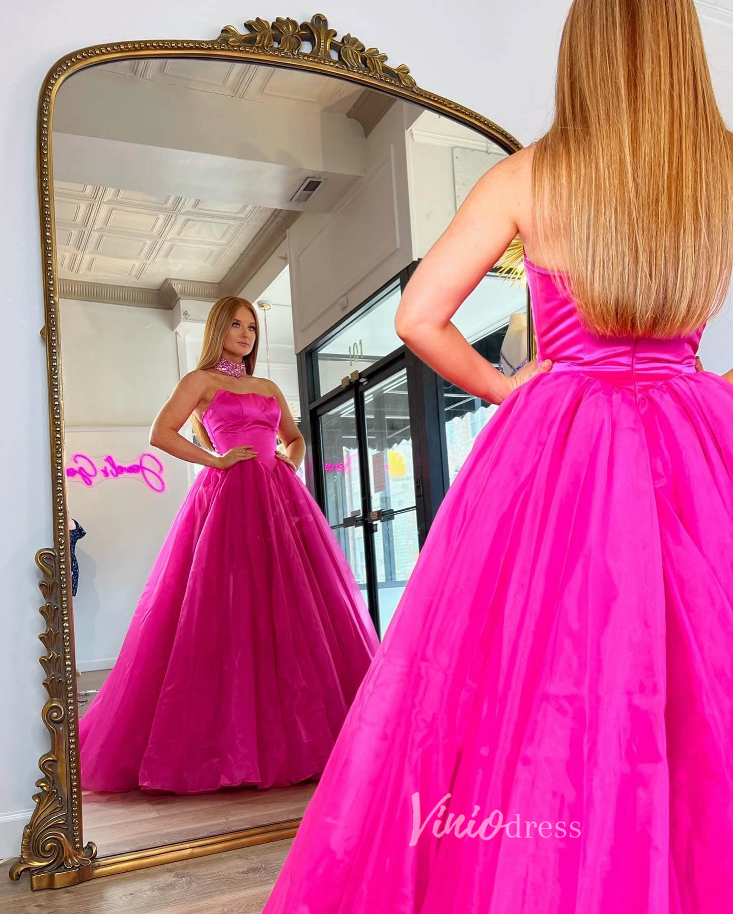 Fuchsia Strapless Prom Dresses Shiny Tulle Formal Gown FD3609 - Viniodressprom dressesFuchsiaCustom Size - Formal Dresses - Ball Gowns