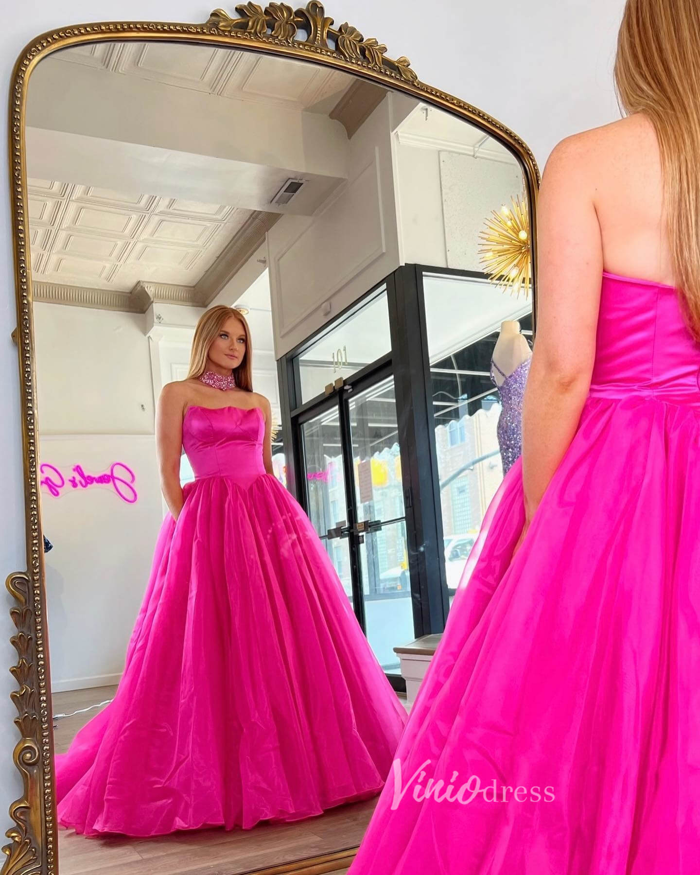 Fuchsia Strapless Prom Dresses Shiny Tulle Formal Gown FD3609 - Viniodressprom dressesFuchsiaCustom Size - Formal Dresses - Ball Gowns