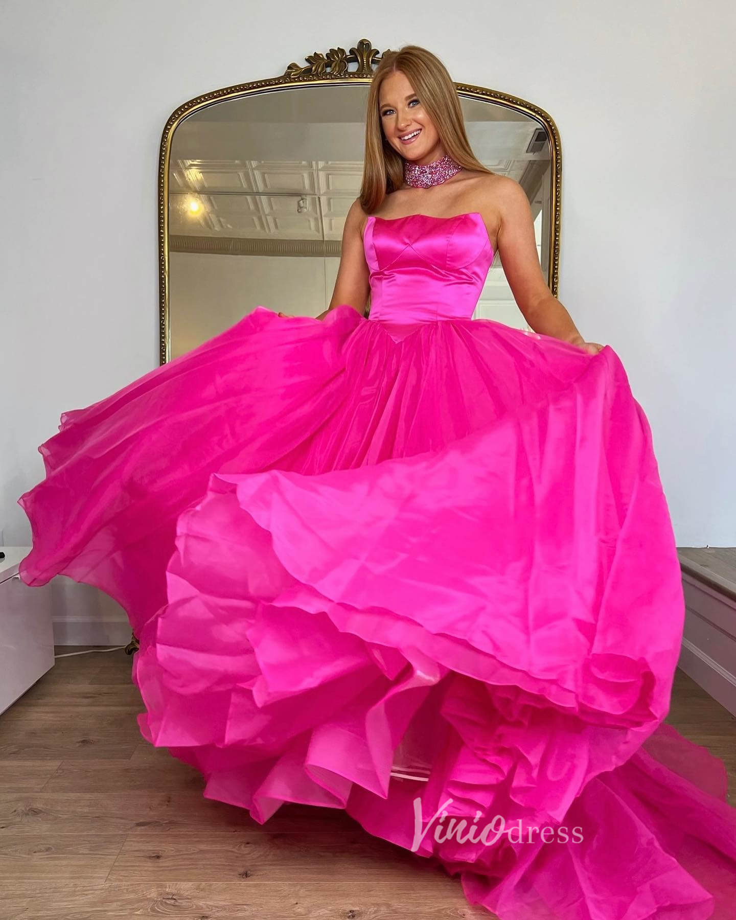 Fuchsia Strapless Prom Dresses Shiny Tulle Formal Gown FD3609 - Viniodressprom dressesFuchsiaCustom Size - Formal Dresses - Ball Gowns