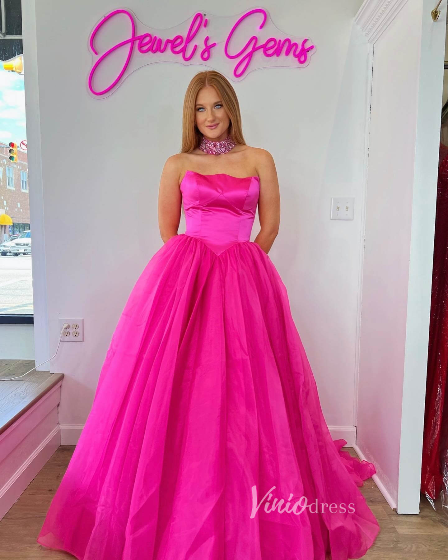 Fuchsia Strapless Prom Dresses Shiny Tulle Formal Gown FD3609 - Viniodressprom dressesFuchsiaCustom Size - Formal Dresses - Ball Gowns