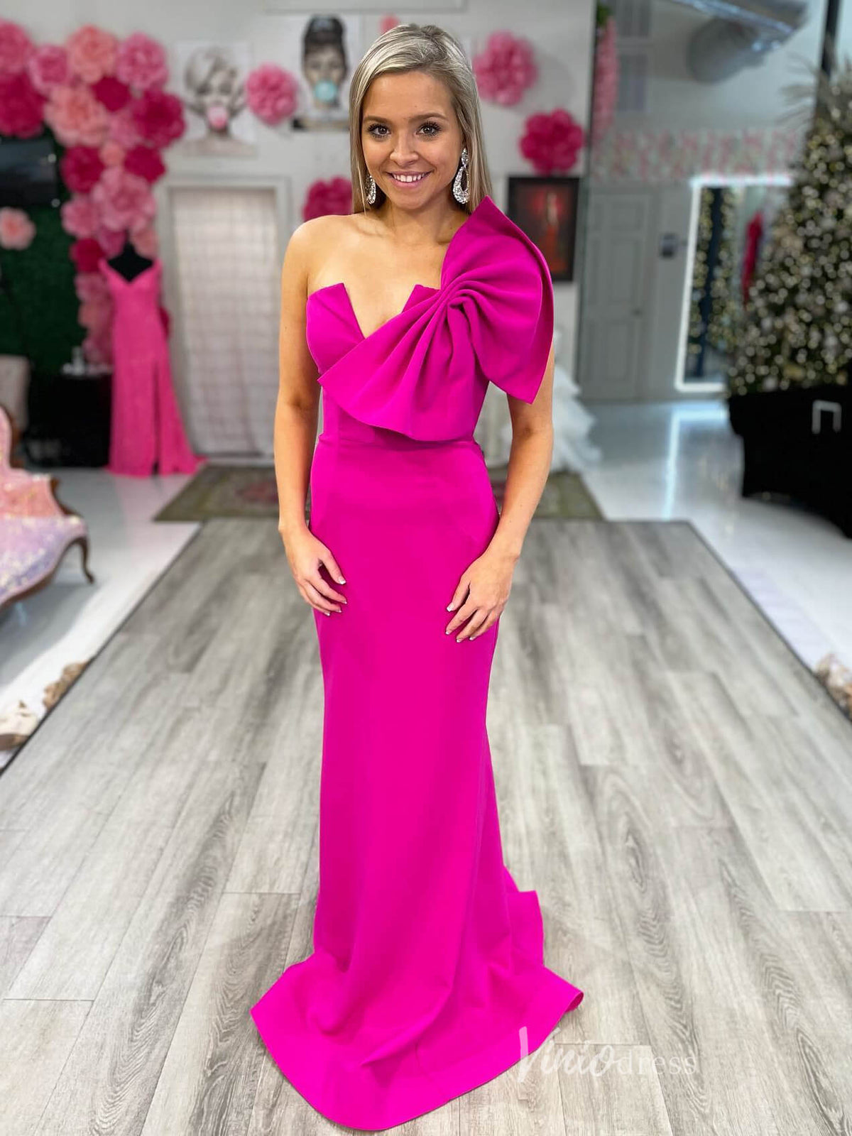 Fuchsia Strapless Satin Cheap Prom Dresses Bow Mermaid Evening Dress FD2686-prom dresses-Viniodress-Fuchsia-Custom Size-Viniodress