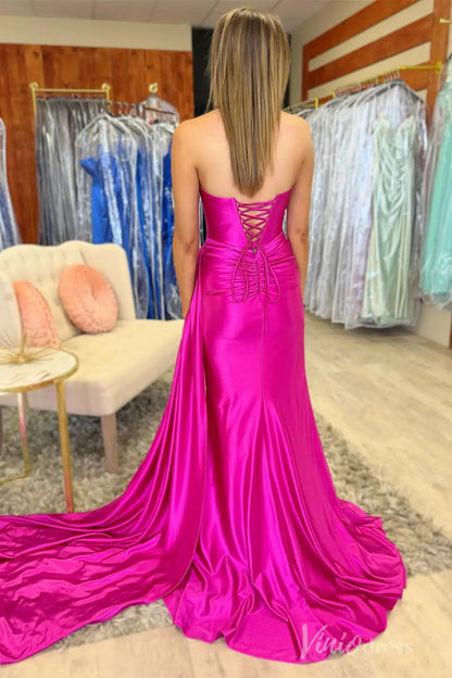 Fuchsia Strapless Satin Prom Dress with Sweetheart Neckline, Draped Skirt, High Slit, Lace-Up Back – SS084-prom dresses 2025 -Viniodress-Fuchsia-Custom Size-