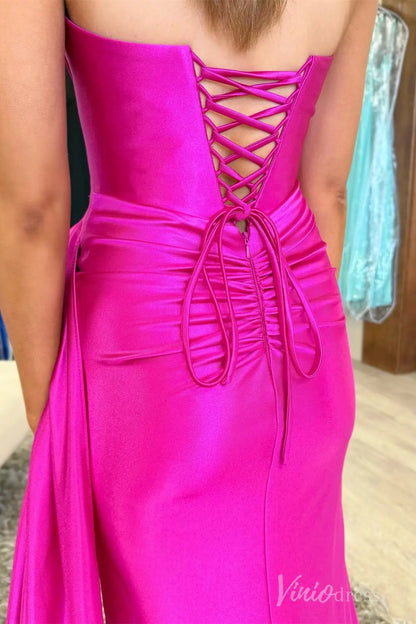 Fuchsia Strapless Satin Prom Dress with Sweetheart Neckline, Draped Skirt, High Slit, Lace-Up Back – SS084-prom dresses 2025 -Viniodress-Fuchsia-Custom Size-