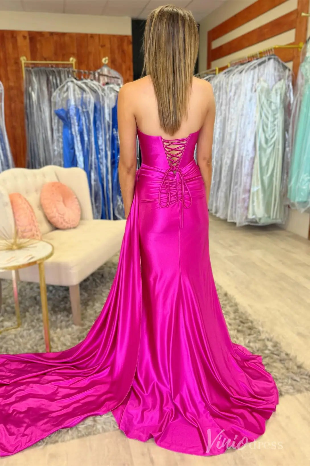 Fuchsia Strapless Satin Prom Dress with Sweetheart Neckline and High Slit SS084 Viniodress Fuchsia Strapless Satin Prom Dress with Sweetheart Neckline and High Slit SS084 Viniodress