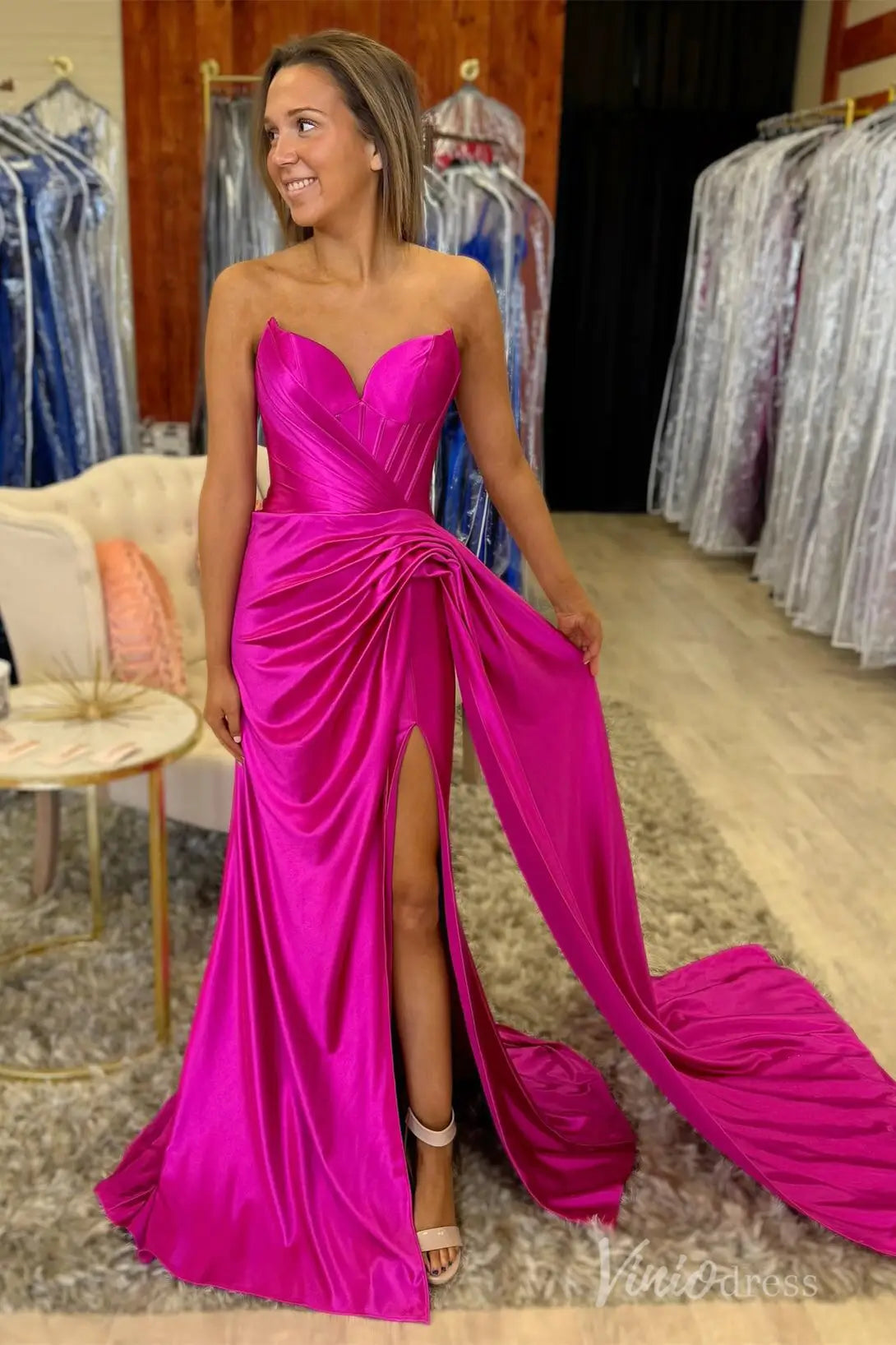 Fuchsia Strapless Satin Prom Dress with Sweetheart Neckline and High Slit SS084 Viniodress Fuchsia Strapless Satin Prom Dress with Sweetheart Neckline and High Slit SS084 Viniodress