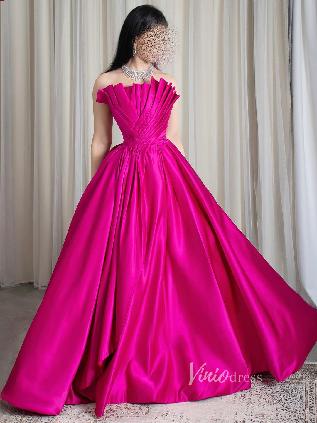 Fuchsia Strapless Satin Prom Dresses Pleated Bodice Formal Gown 90077-prom dresses 2025 -Viniodress-Fuchsia-Custom Size-