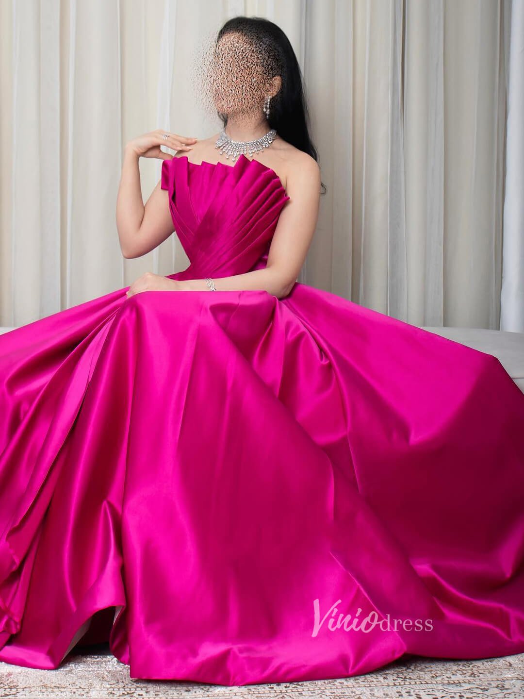 Fuchsia Strapless Satin Prom Dresses Pleated Bodice Formal Gown 90077-prom dresses 2025 -Viniodress-Fuchsia-Custom Size-