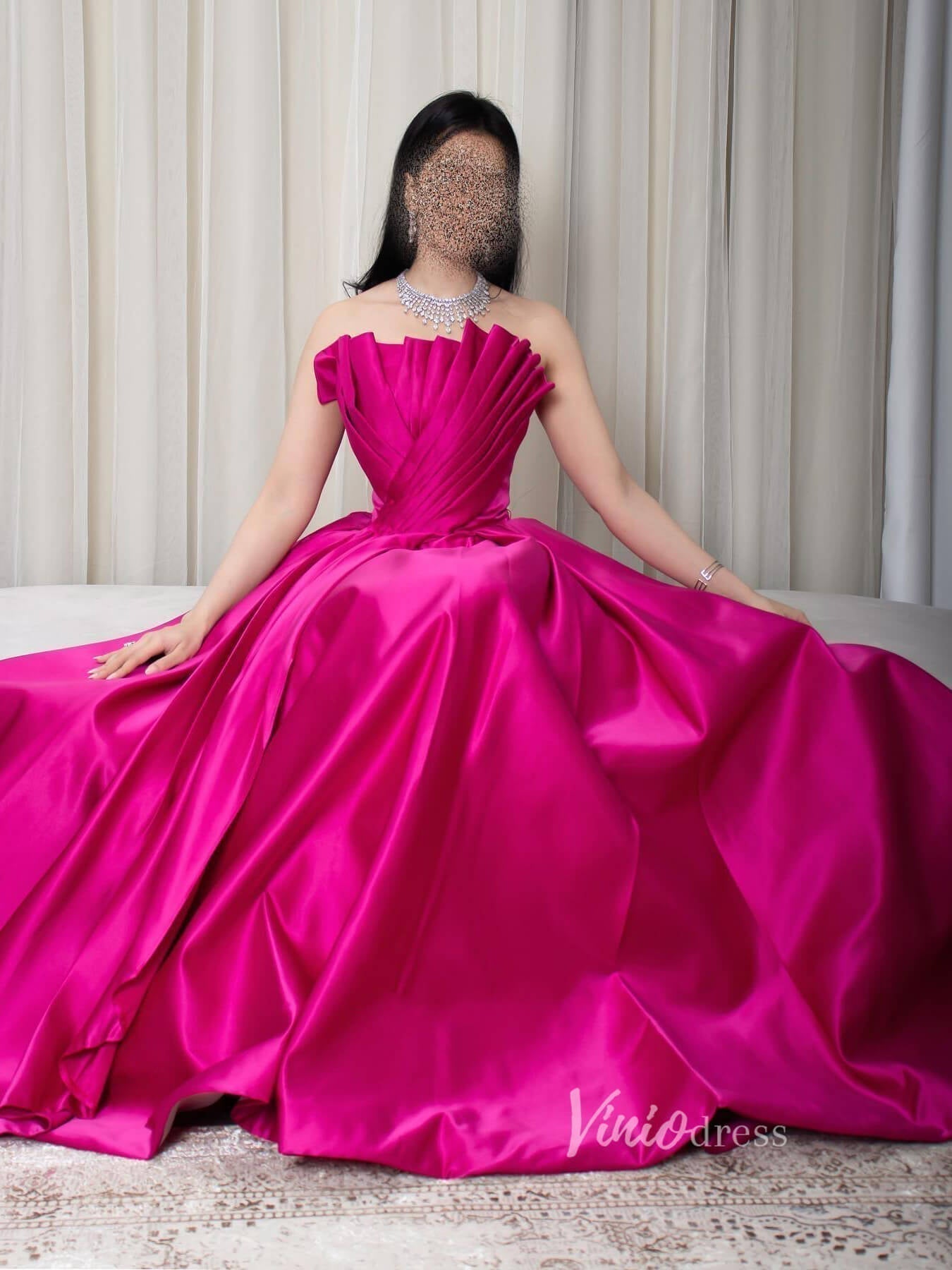 Fuchsia Strapless Satin Prom Dresses Pleated Bodice Formal Gown 90077-prom dresses 2025 -Viniodress-Fuchsia-Custom Size-