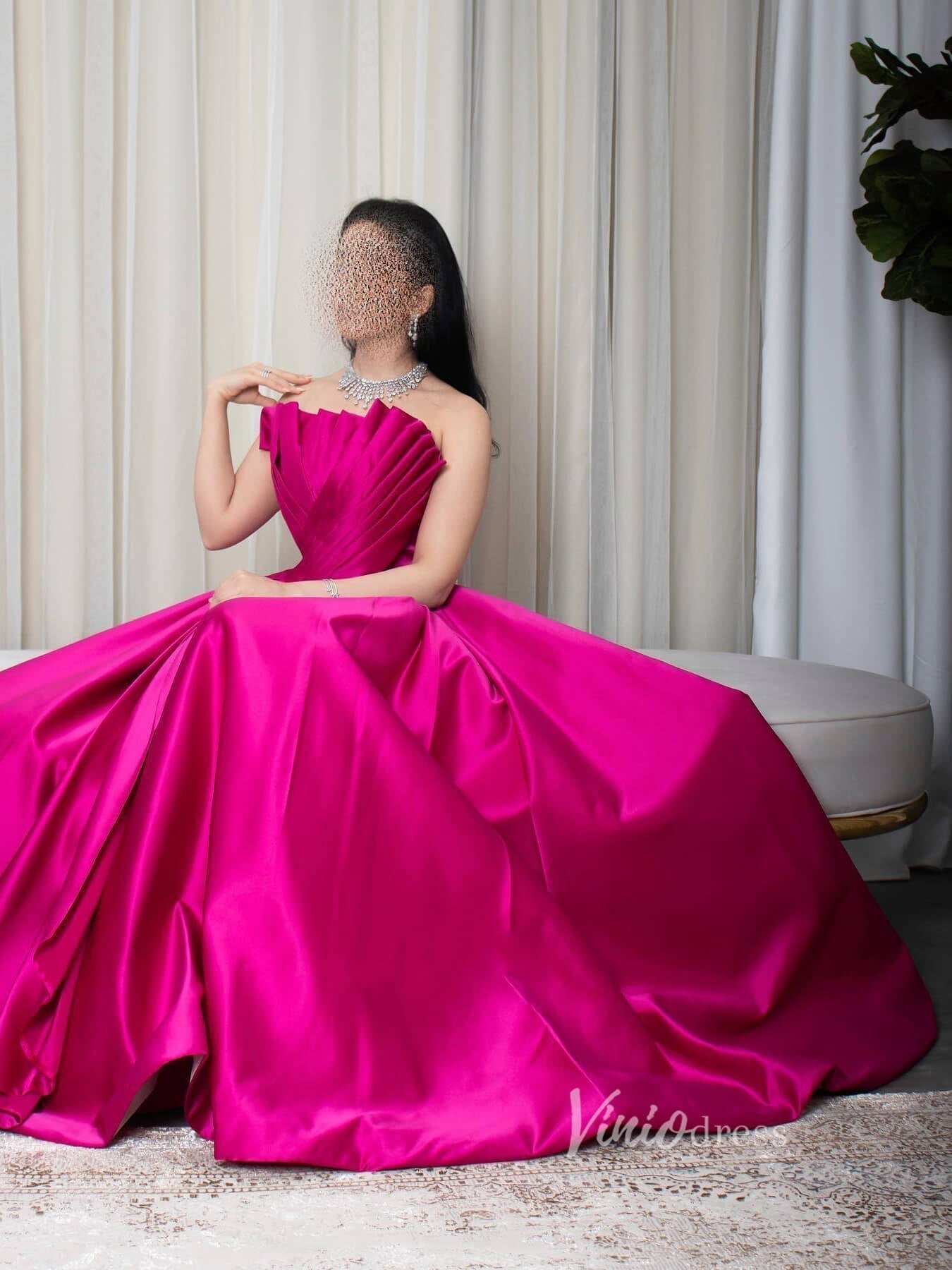 Fuchsia Strapless Satin Prom Dresses Pleated Bodice Formal Gown 90077-prom dresses 2025 -Viniodress-Fuchsia-Custom Size-