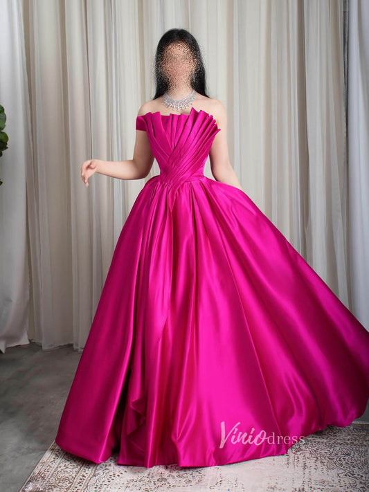 Fuchsia Strapless Satin Prom Dresses Pleated Bodice Formal Gown 90077-prom dresses 2025 -Viniodress-Fuchsia-Custom Size-
