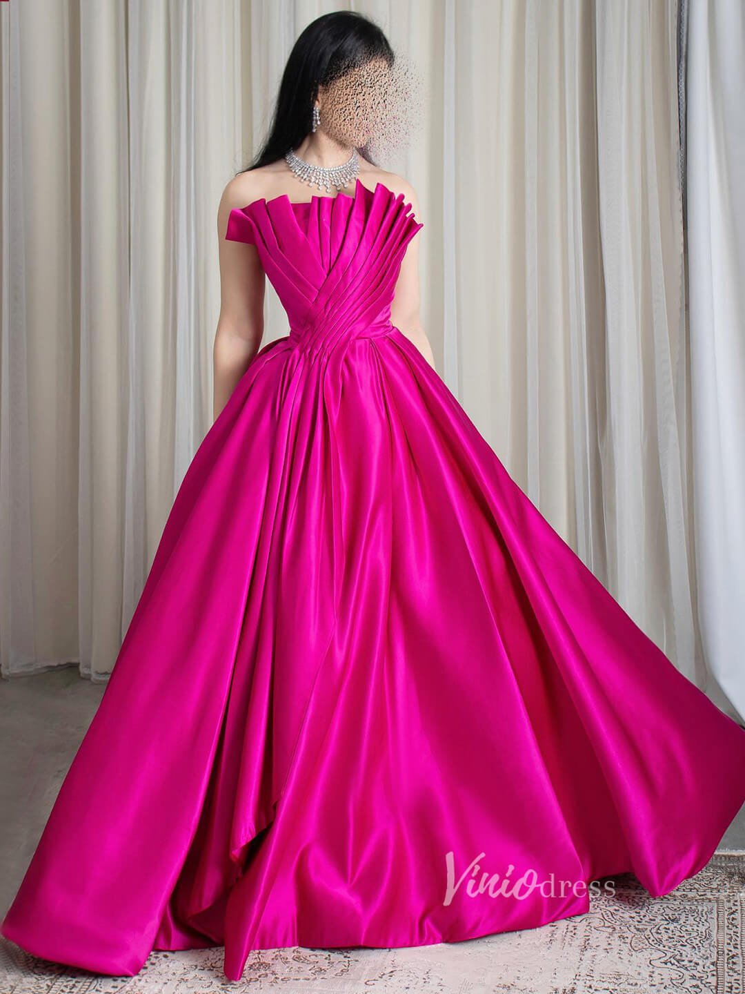 Fuchsia Strapless Satin Prom Dresses Pleated Bodice Formal Gown 90077 - Viniodressprom dressesFuchsiaCustom Size - Formal Dresses - Ball Gowns