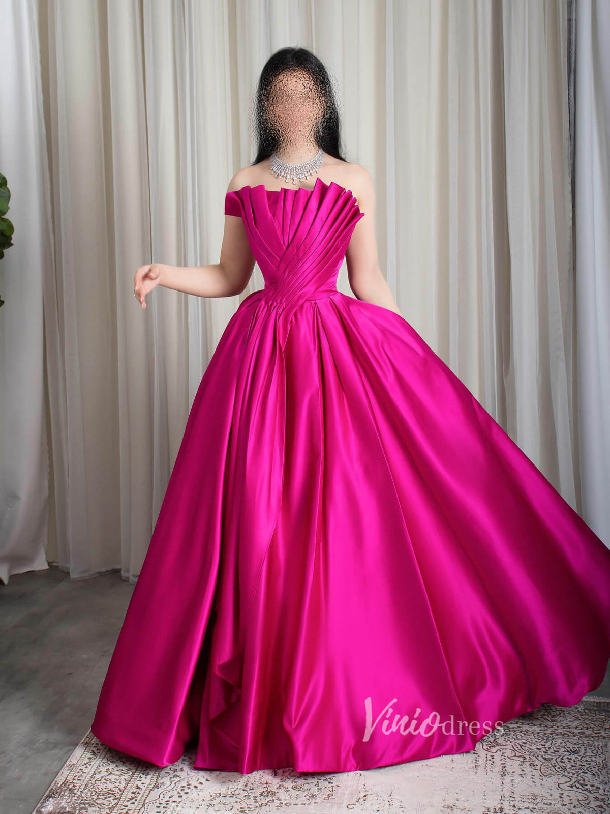 Fuchsia Strapless Satin Prom Dresses Pleated Bodice Formal Gown 90077-prom dresses-Viniodress-Fuchsia-Custom Size-Viniodress