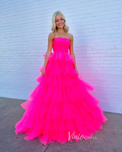 Fuchsia Strapless Tulle Ruffle Prom Dresses Tiered Ball Gown FD3605-prom dresses 2025 -Viniodress-Fuchsia-Custom Size-