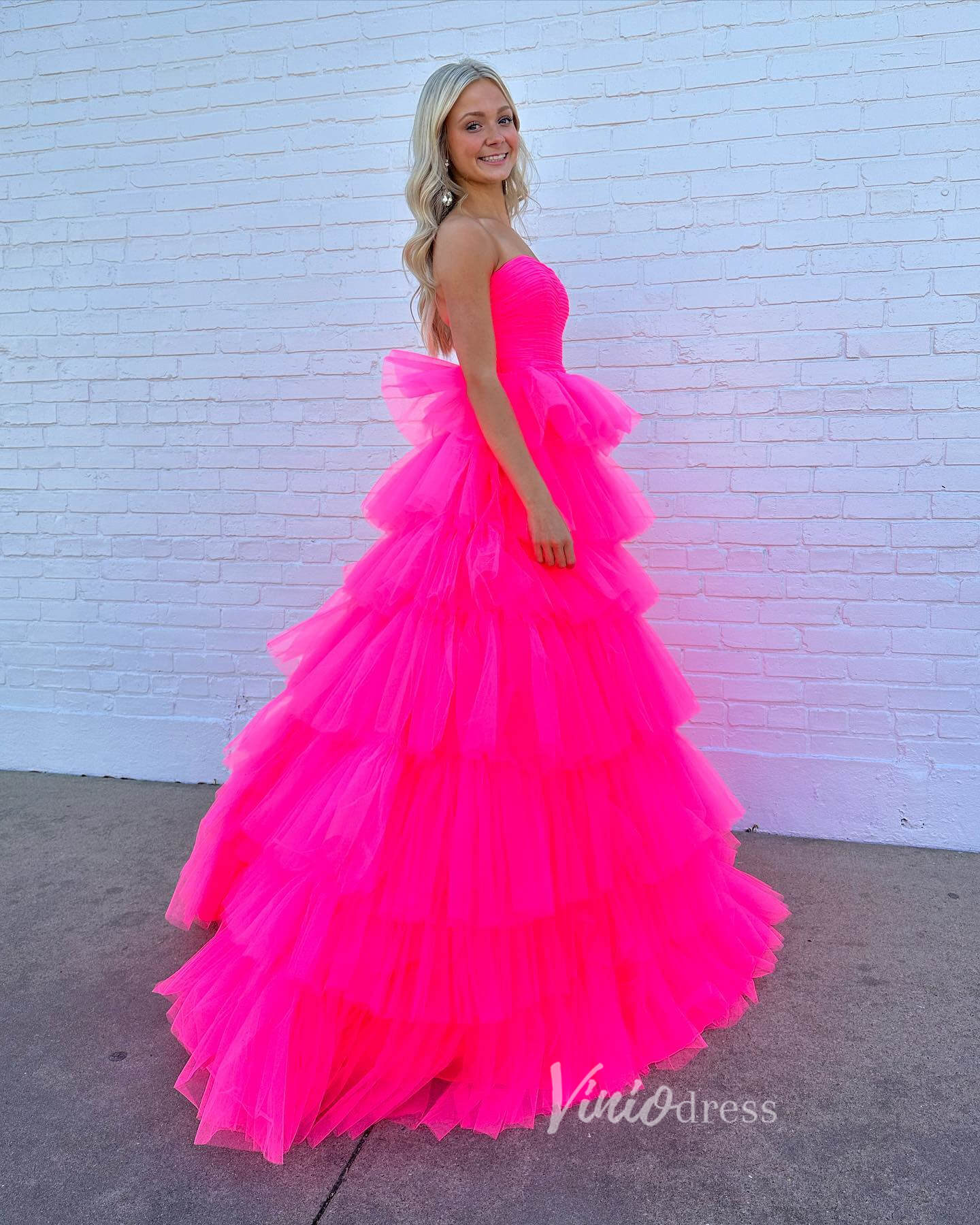 Fuchsia Strapless Tulle Ruffle Prom Dresses Tiered Ball Gown FD3605-prom dresses 2025 -Viniodress-Fuchsia-Custom Size-