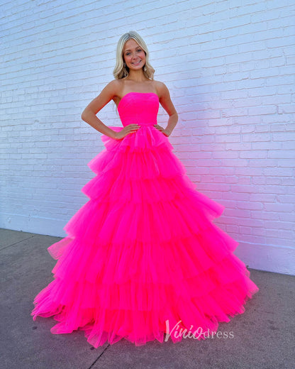 Fuchsia Strapless Tulle Ruffle Prom Dresses Tiered Ball Gown FD3605-prom dresses 2025 -Viniodress-Fuchsia-Custom Size-