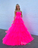 Fuchsia Strapless Tulle Ruffle Prom Dresses Tiered Ball Gown FD3605-prom dresses-Viniodress-Viniodress