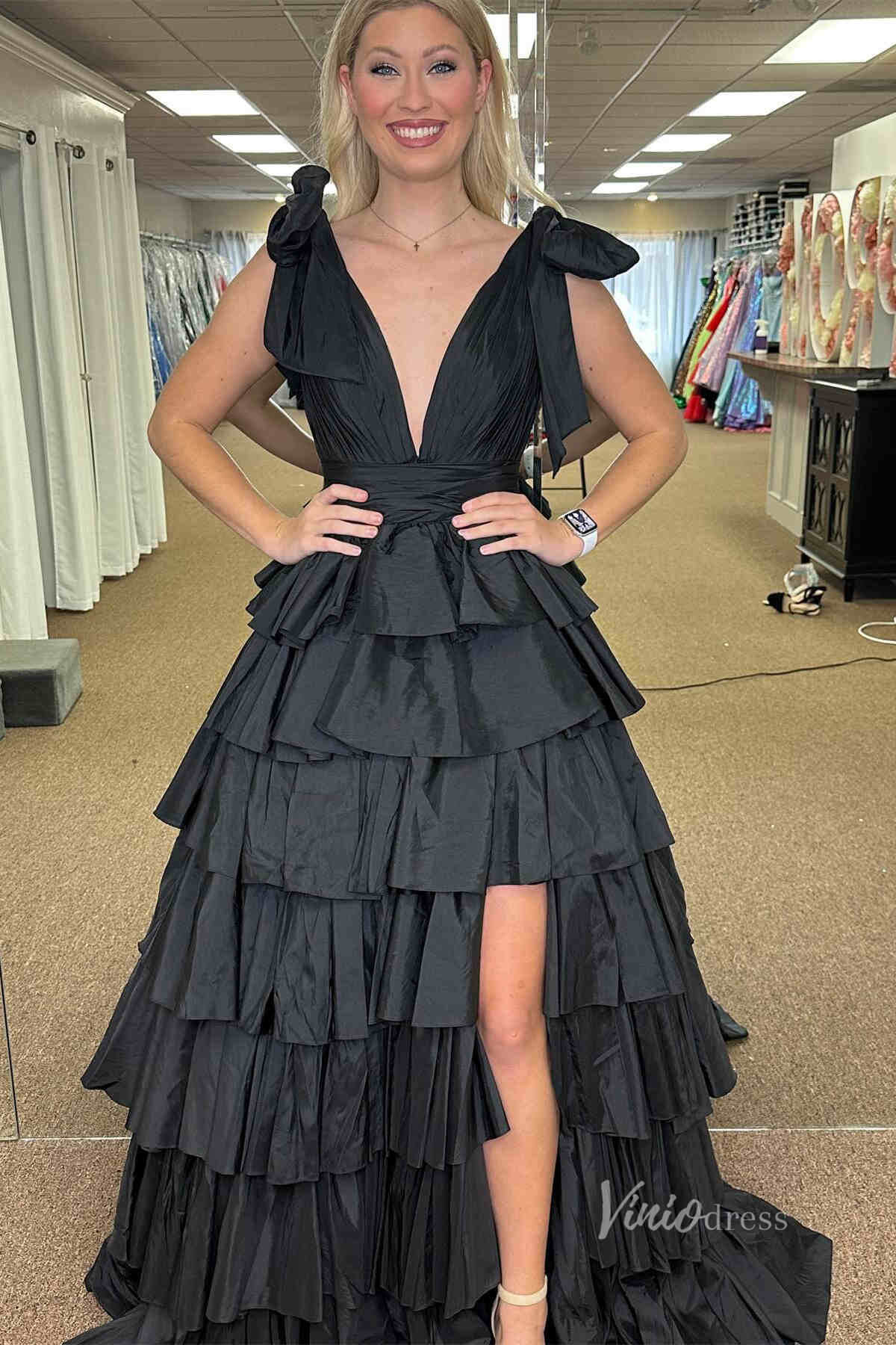 Fuchsia Tiered Ruffle Pleated Prom Dresses with Slit Plunging V-Neck Bow-Tie FD4041-prom dresses 2025 -Viniodress-Black-Custom Size-