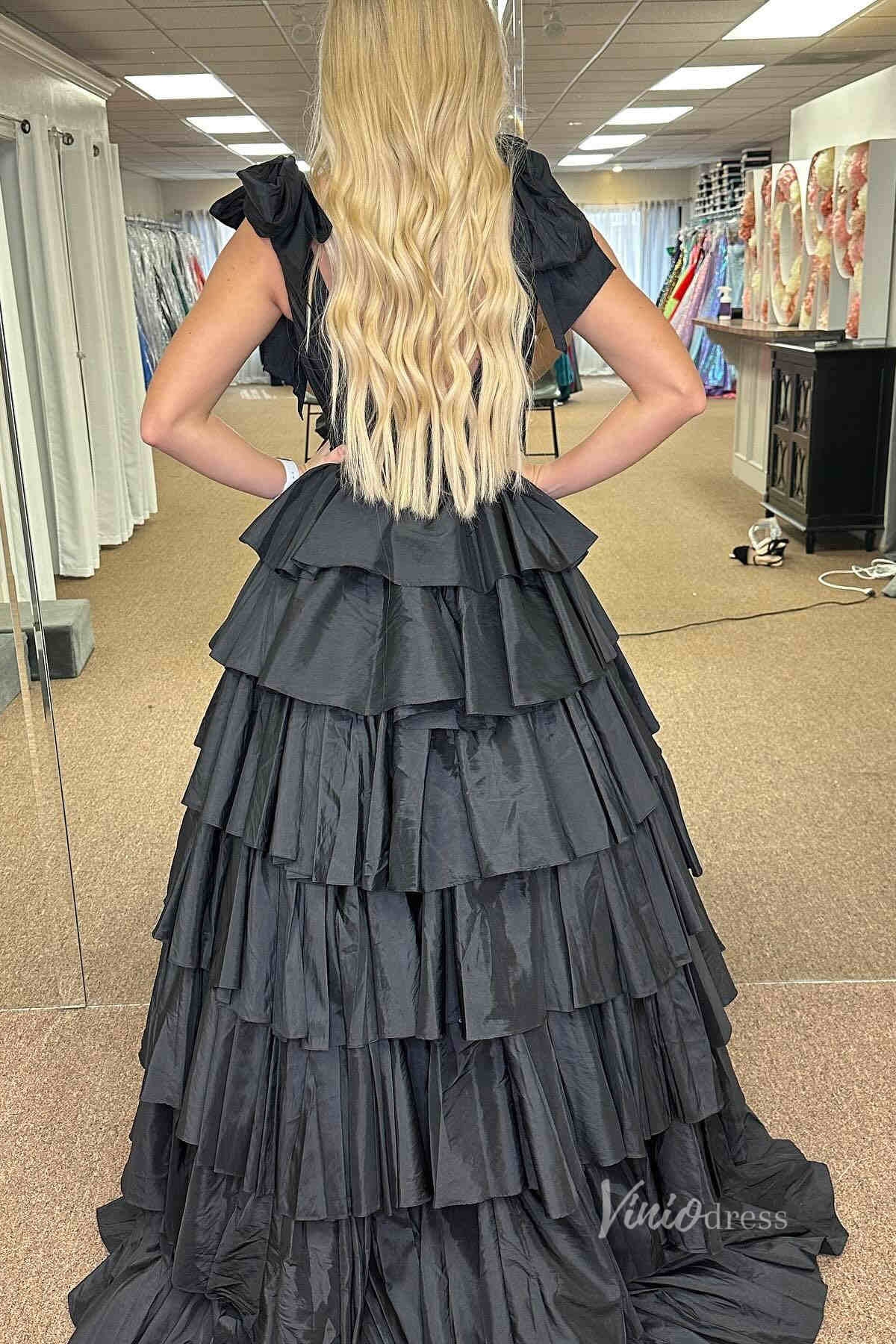 Fuchsia Tiered Ruffle Pleated Prom Dresses with Slit Plunging V-Neck Bow-Tie FD4041-prom dresses 2025 -Viniodress-Fuchsia-Custom Size-