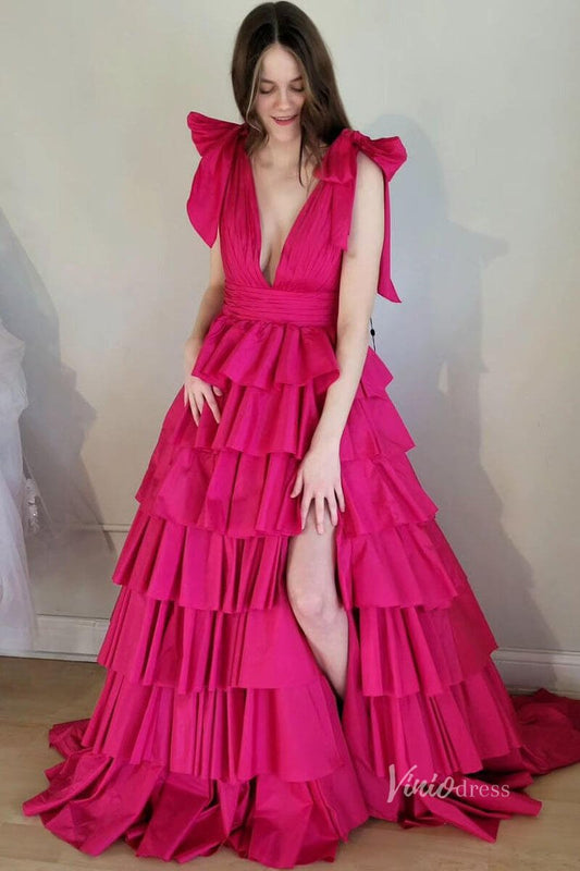 Fuchsia Tiered Ruffle Pleated Prom Dresses with Slit Plunging V-Neck Bow-Tie FD4041-prom dresses 2025 -Viniodress-Fuchsia-Custom Size-