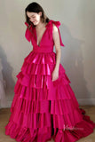 Fuchsia Tiered Ruffle Pleated Prom Dresses with Slit Plunging V-Neck Bow-Tie FD4041-prom dresses-Viniodress-Viniodress