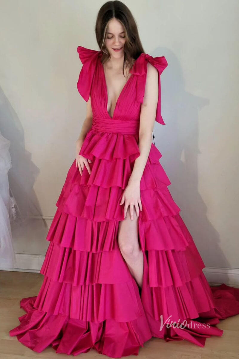 Fuchsia Tiered Ruffle Pleated Prom Dresses with Slit Plunging V-Neck Bow-Tie FD4041-prom dresses-Viniodress-Fuchsia-Custom Size-Viniodress