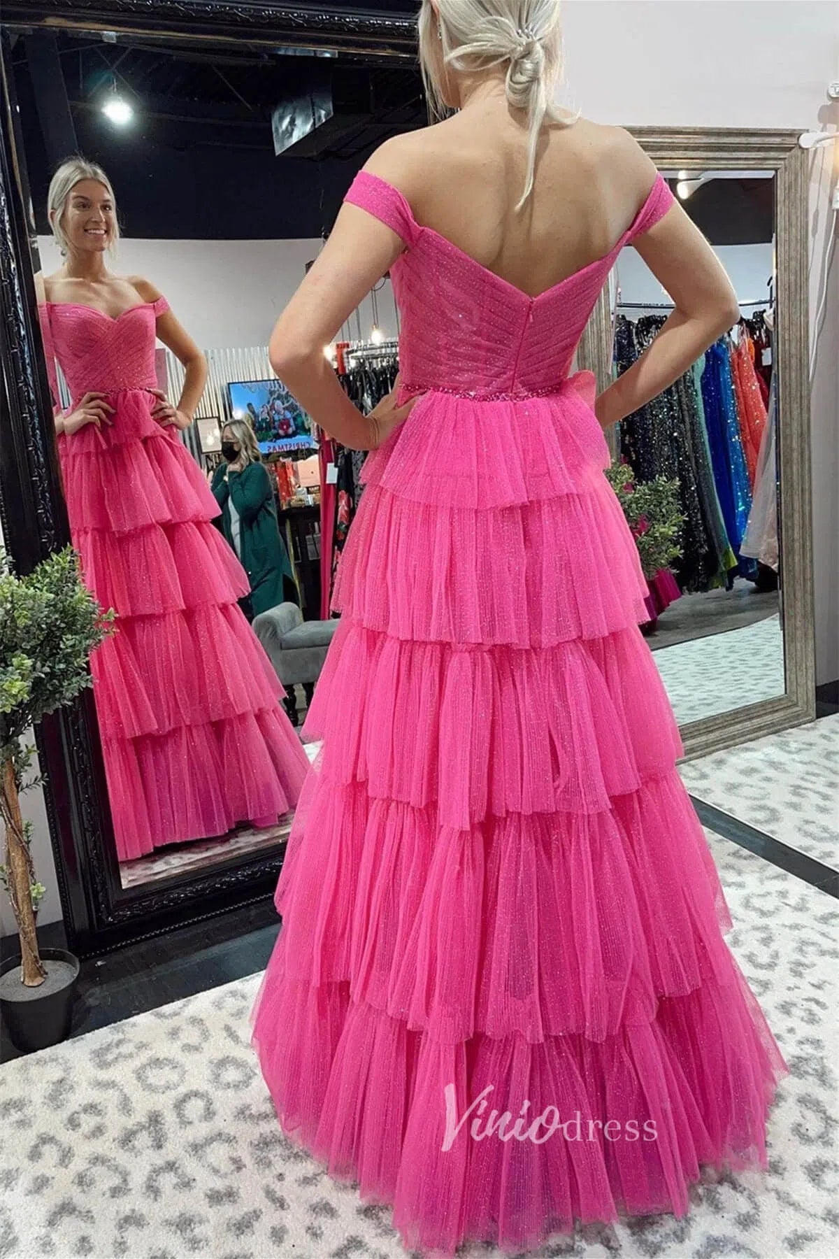 Fuchsia Tiered Ruffle Prom Dresses Long Shimmer Ball Gown Off the Shoulder FD2919B - Viniodressprom dressesFuchsiaCustom Size - Formal Dresses - Ball Gowns