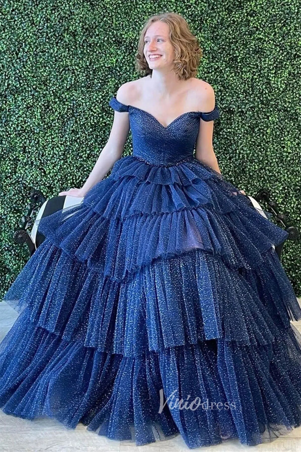 Fuchsia Tiered Ruffle Prom Dresses Long Shimmer Ball Gown Off the Shoulder FD2919B - Viniodressprom dressesNavy BlueCustom Size - Formal Dresses - Ball Gowns