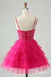 Fuchsia Tiered Spaghetti Strap Homecoming Dresses Beaded Lace Back to School Dress S24030-prom dresses-Viniodress-Viniodress