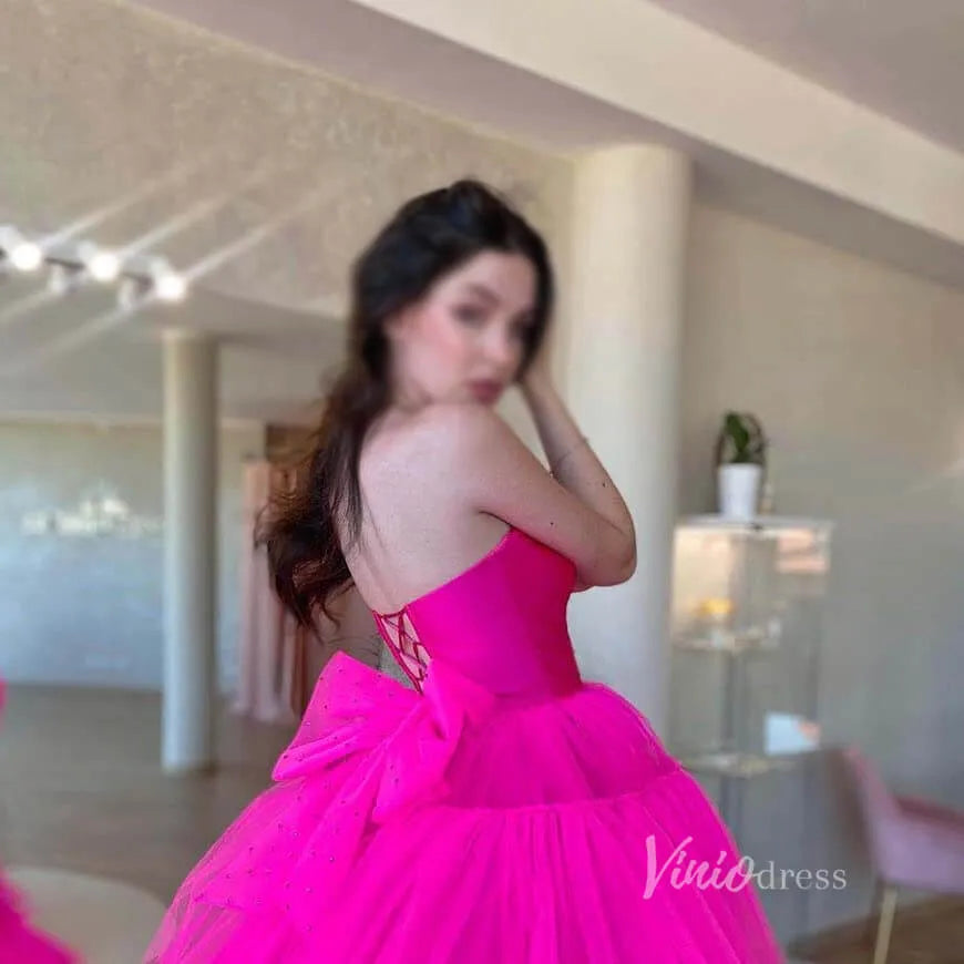Fuchsia Tulle High Low Prom Dresses Strapless Tiered Ruffle Ball Gowns FD3690-prom dresses 2025 -Viniodress-Fuchsia-Custom Size-