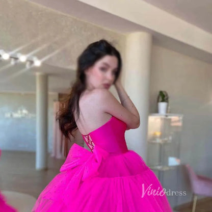 Fuchsia Tulle High Low Prom Dresses Strapless Tiered Ruffle Ball Gowns FD3690-prom dresses 2025 -Viniodress-Fuchsia-Custom Size-