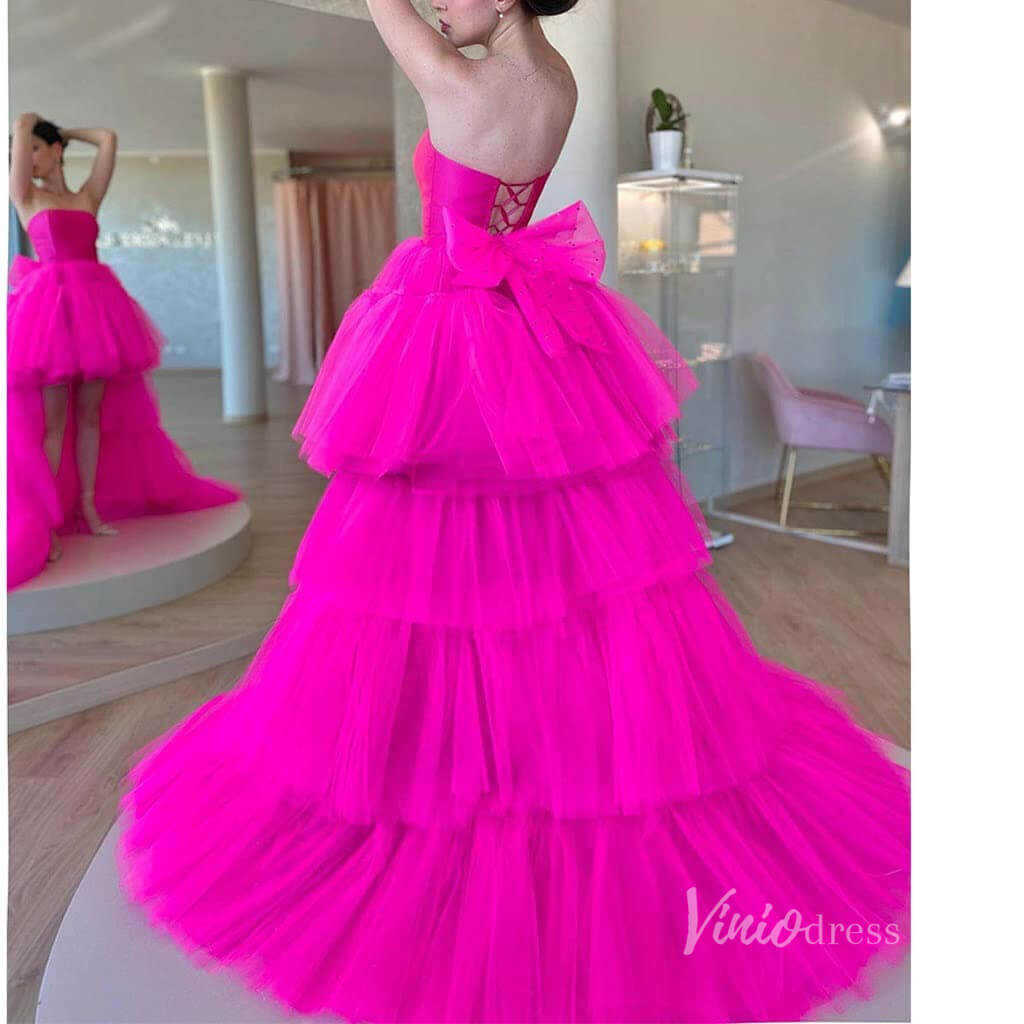 Fuchsia Tulle High Low Prom Dresses Strapless Tiered Ruffle Ball Gowns FD3690-prom dresses-Viniodress-Fuchsia-Custom Size-Viniodress