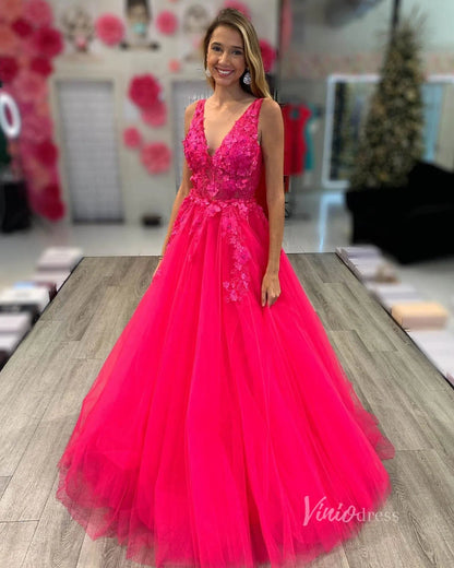 Fuchsia Tulle Prom Dresses 3D Floral Appliqued Ball Gowns FD2940C-prom dresses 2025 -Viniodress-Fuchsia-Custom Size-
