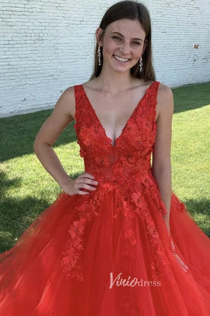 Fuchsia Tulle Prom Dresses 3D Floral Appliqued Ball Gowns FD2940C-prom dresses 2025 -Viniodress-Fuchsia-Custom Size-