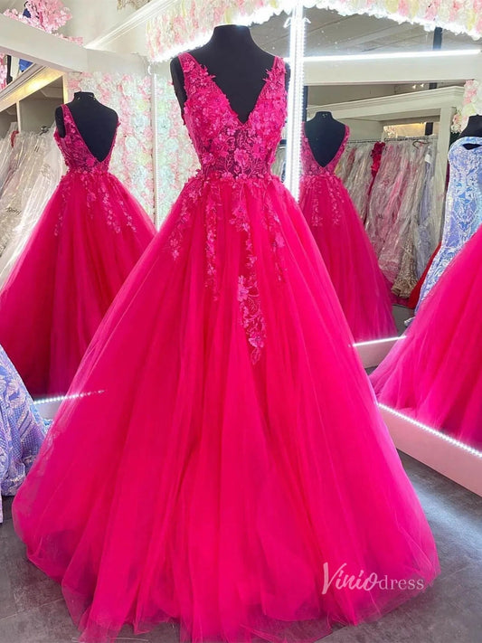 Fuchsia Tulle Prom Dresses 3D Floral Appliqued Ball Gowns FD2940C-prom dresses 2025 -Viniodress-Fuchsia-Custom Size-