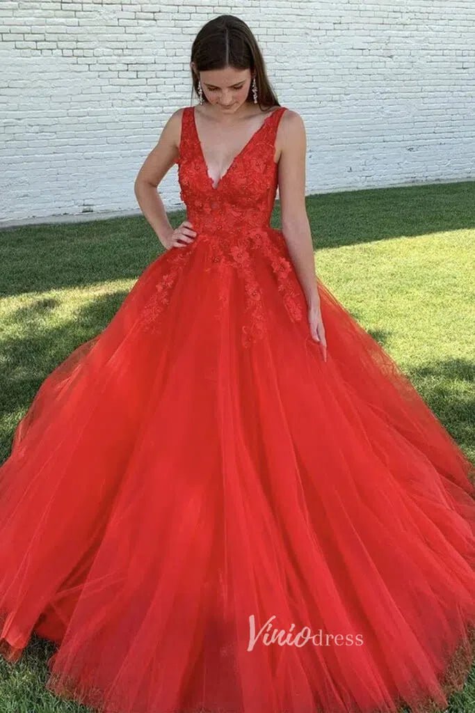 Fuchsia Tulle Prom Dresses 3D Floral Appliqued Ball Gowns FD2940C-prom dresses 2025 -Viniodress-Red-Custom Size-